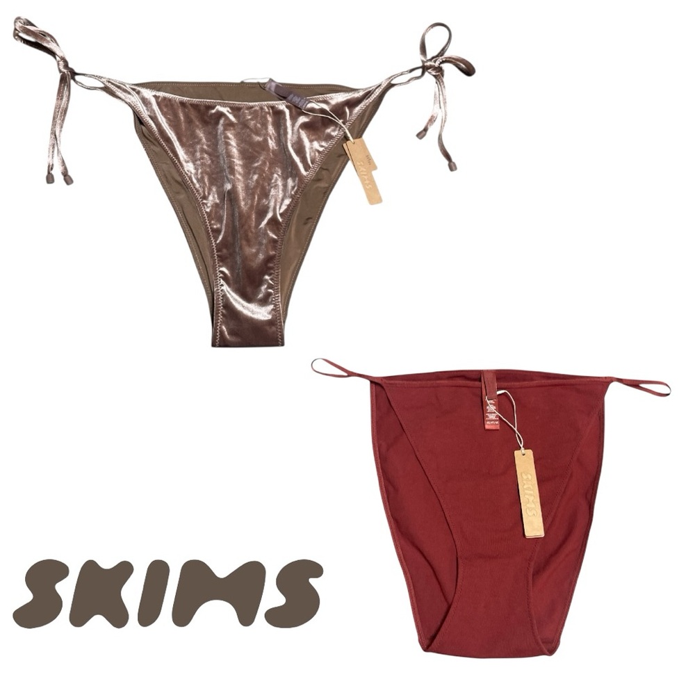 SKIMS Bundle of Brown Velour Bikini Bottoms & Maroon Bikini Underwear | 4X